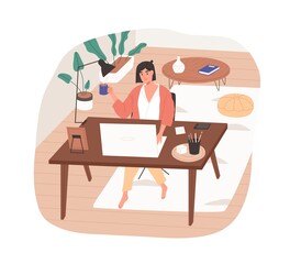 Wall Mural - Remote work from cozy home office. Woman working online at modern workplace with desk and laptop. Freelancer with coffee cup at table. Colored flat vector illustration isolated on white background