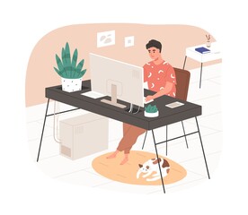 Wall Mural - Remote online work from home office. Man freelancer working at modern cozy workplace with desk and computer desktop, and cute cat. Colored flat graphic vector illustration isolated on white background