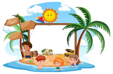 Sticker - Empty banner template with kids character on summer vacation at the beach on white background