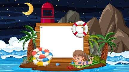 Sticker - Kids on vacation at the beach night scene with an empty banner template.