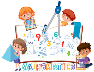 Children learning math with tools on book isolated