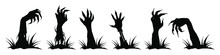 Set Of Zombie Hands Black Silhouette. A Zombie Hand Crawls Out Of The Ground. Scary Hands Suitable For Halloween. Vector Illustration Isolated On White Background. EPS 10