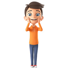 Wall Mural - Cartoon character boy in orange sweatshirt happy to be surprised. 3d render illustration.