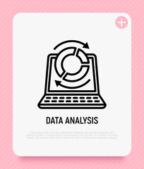 Wall Mural - Data analysis thin line icon, open laptop and diagram with arrows. Modern vector illustration.