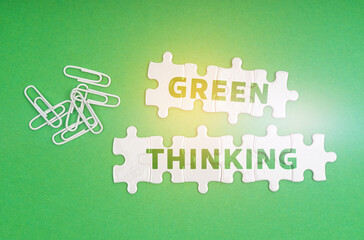 On a green background, paper clips and white puzzles with the inscription - Green Thinking