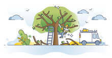 Arborist As Professional Tree Cutting Or Pruning Occupation Outline Concept. Forest Trimming Service To Cut Or Saw Trees With Chainsaw Vector Illustration. Man Hanging In Harness Attached To Branch.