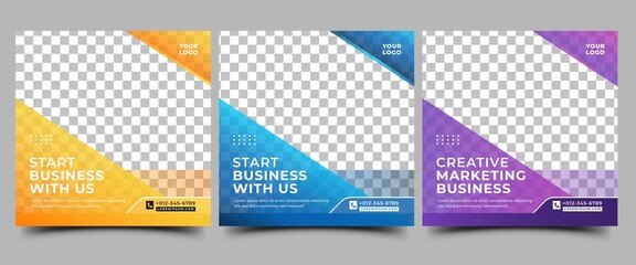 Set of social media post template for business promotion. Editable modern square banner with purple, blue, and yellow colors. Usable for social media, banner, and web.