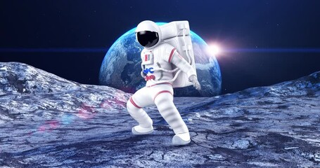 Wall Mural - astronaut making karate moves on planet surface. planet earth on background. space and technology re