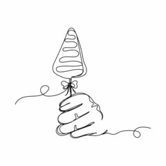 Wall Mural - Continuous one single line drawing of hand holds christmas candy in silhouette on a white background. Linear stylized.