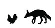 Cunning coyote lurks a hen vector silhouette illustration isolated on white. Smart animal predator. Jackal hunting hen chicken behind back. Farm chantry poultry in danger. Scary domestic bird.