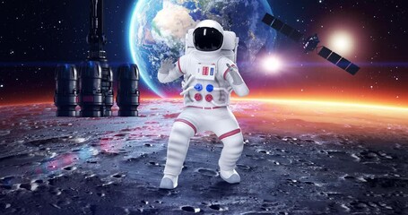 Wall Mural - an astronaut attacking to an alien. planet earth on background. space and technology related 3d anim
