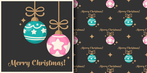 Wall Mural - Christmas holiday season banner with Merry Christmas text and seamless pattern of cute Christmas balls on black background. Vector illustration.