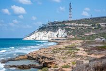 Mediterranean Sea, White Chalk Rocks And Some Beaches Captured From Rosh HaniKra Formation In Israel. High Quality Photo