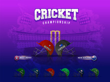 Cricket Match Participating Countries Helmets With West Indies VS New Zealand Highlighted On Purple Brush Stroke Stadium Background.