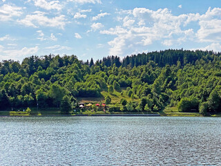 Wall Mural - Mountain mixed forest next to the artificial reservoir Lake Bajer in Fuzine - Gorski kotar, Croatia (Goranska mješovita šuma uz akumulacijsko Jezero Bajer na rijeci Ličanki, Fužine - Hrvatska)