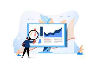 Wall Mural - analyst with loupe looking at diagram or trend on computer screen. concept of web analytics, statist
