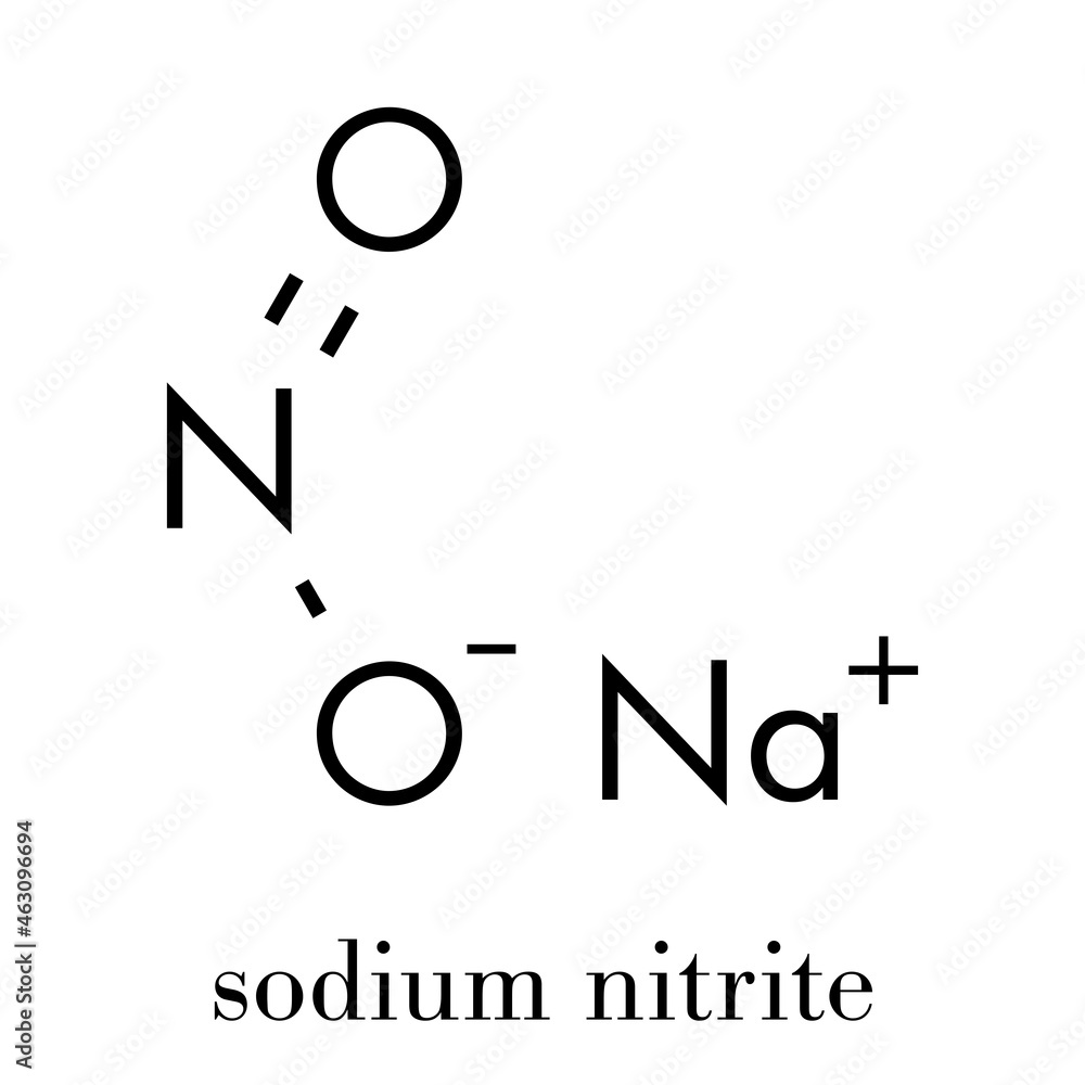 Sodium nitrite, chemical structure. Used in the curing of meat ...