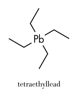 Tetraethyllead gasoline octane booster molecule. Neurotoxic organolead compound. Skeletal formula.