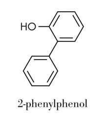 Sticker - 2-phenylphenol preservative molecule. Biocide used as food additive, preservative, and disinfectant.  Skeletal formula.