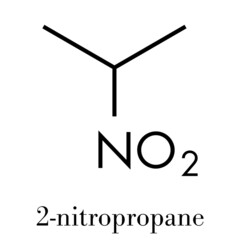 Sticker - Nitropropane (2-nitropropane, 2-NP) chemical solvent molecule. Used as solvent in production of ink, polymers, coatings, adhesives, etc. Skeletal formula.