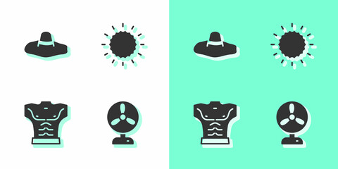 Sticker - Set Electric fan, Elegant women hat, Bodybuilder muscle and Sun icon. Vector