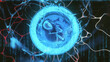 Künstliches Leben erschaffen: AI Cyborg Embryo Präparat im Glas mit bionischer Matrix, Neon leuchtend + Matrix-Code | Kybernetik / Transhumanismus / Alchemie Konzept Art [3D Render Illustration]