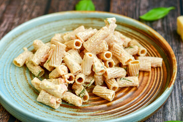  Gluten free Chickpea pasta.Fresh  low carb  high protein pasta rigatoni with  cream sauce  , salmon , parmesan cheese ,olive oil and black pepper) 