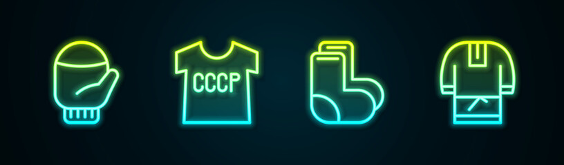 Poster - Set line Christmas mitten, USSR t-shirt, Valenki and Kosovorotka. Glowing neon icon. Vector