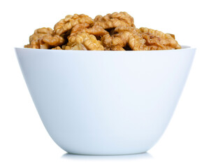 Wall Mural - White bowl with walnuts healthy food on white background isolation