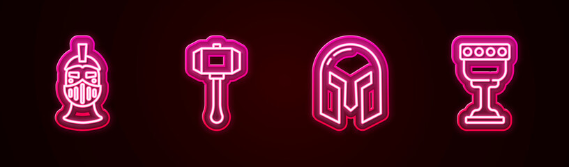 Sticker - Set line Medieval iron helmet, Hammer, and goblet. Glowing neon icon. Vector