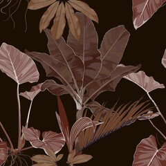 Wall Mural - Foliage seamless pattern, various plant and tree in brown on black background.