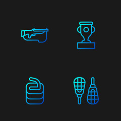 Poster - Set line Snowshoes, Stone for curling, Biathlon rifle and Award cup. Gradient color icons. Vector