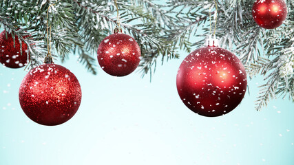 Wall Mural - Christmas balls hanging on snowy fir tree