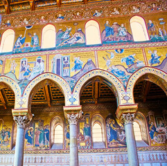 Poster - The slender stone pillars hold the wall of Monreale Cathedral covered with masterpiece mosaic, Sicily, Italy