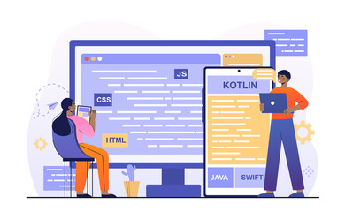 Wall Mural - cross platform coding concept. web developers create app for phone, computer and laptop. professiona