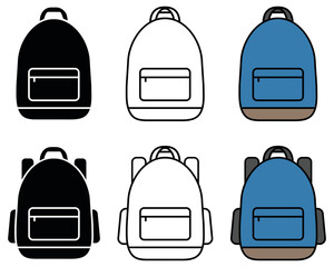Wall Mural - Rounded School Bag Clipart Set - Outline, Silhouette and Colored