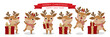 ute deer, reindeer in winter costume with red gift. Merry Christmas and happy new year greeting card.  Animal holidays cartoon character set.