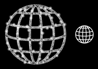 Magic mesh vector global with glare effect. White mesh, flash spots on a black background with global icon. Mesh and glare elements are placed on different layers.