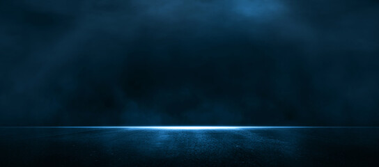 asphalt blue dark street with smoke. rays, spotlights light . empty dark scene with neon light.
