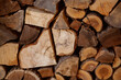Chopped firewood stacked in rows close-up..