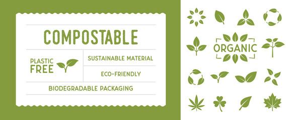 recycle eco tag template. 14 leaves icons for eco, biodegradable, compostable, recycle design. vecto