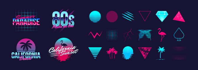 4 retro neon logo templates and 18 trendy elements to create your own design. design elements for t-