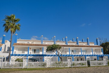 Beautiful blue and white houses by the sea