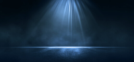asphalt blue dark street with smoke. rays, spotlights light . empty dark scene with neon light.