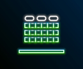 Poster - Glowing neon line Cinema auditorium with screen and seats icon isolated on black background. Colorful outline concept. Vector