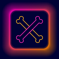 Sticker - Glowing neon line Crossed bones icon isolated on black background. Pets food symbol. Happy Halloween party. Colorful outline concept. Vector