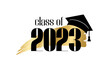 Class of 2023. Hand drawn brush gold stripe and number with education academic cap. Template for graduation party design, high school or college congratulation graduate, yearbook. Vector illustration.