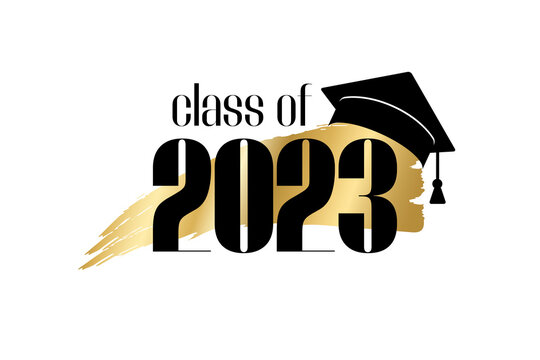 Wall Mural - Class of 2023. Hand drawn brush gold stripe and number with education academic cap. Template for graduation party design, high school or college congratulation graduate, yearbook. Vector illustration.