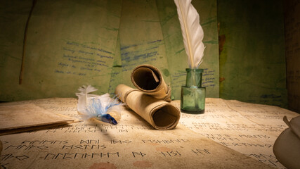 Wall Mural - Scrolls stacked on a pile. Medieval manuscripts library.