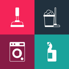 Sticker - Set pop art Dishwashing liquid bottle, Washer, Mop and bucket and Rubber plunger icon. Vector